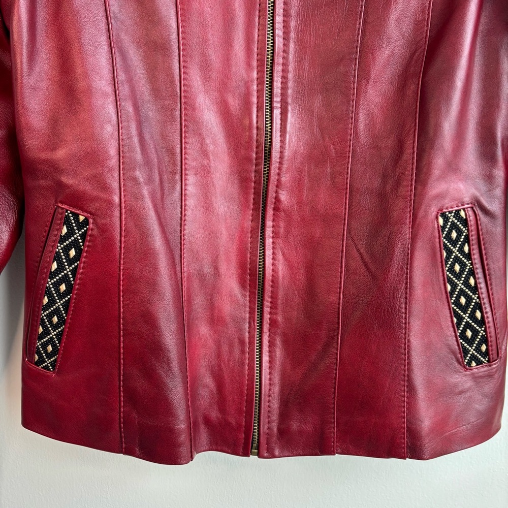 Chic Red Leather Jacket With Patterned Accents - image 3